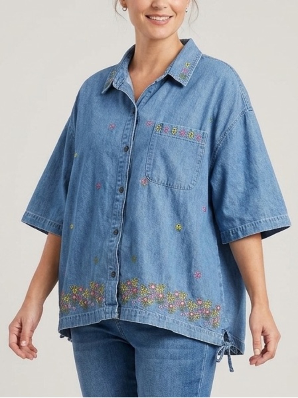 Allyson Whitmore Embroidered Denim Cotton Short Sleeve Top Shirt Plus Size 3X